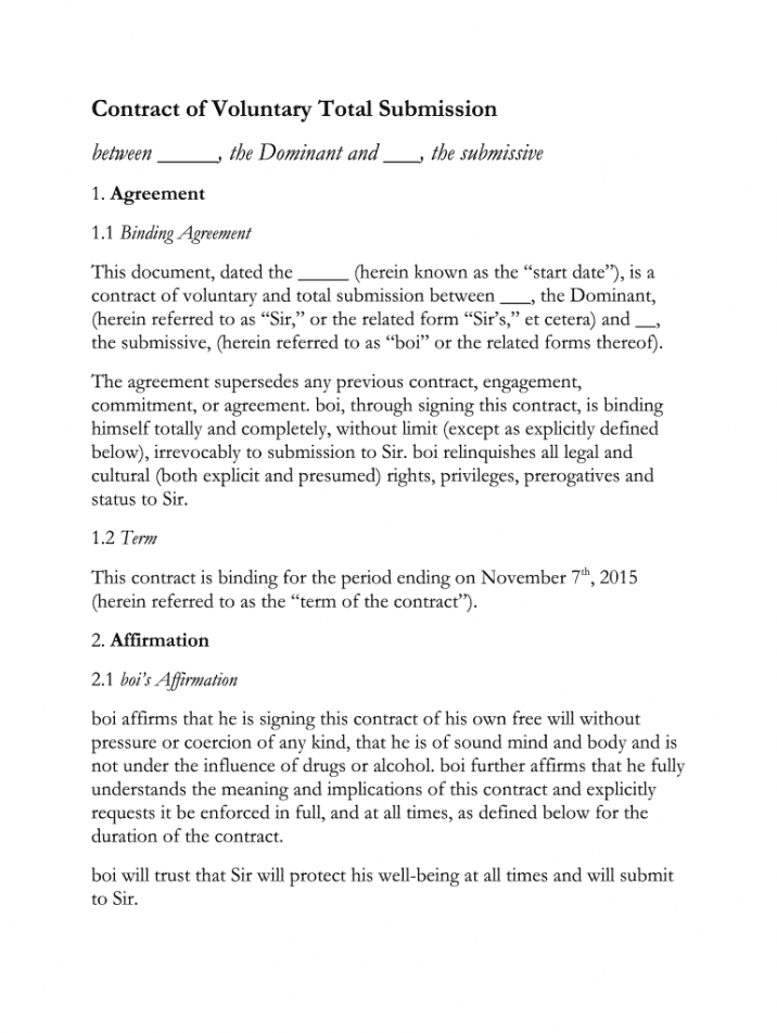 free bdsm contract  fill online printable fillable blank submissive contract template sample