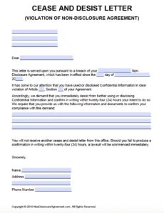free free cease and desist letter for nda violation  pdf  word cease and desist letter breach of contract template word
