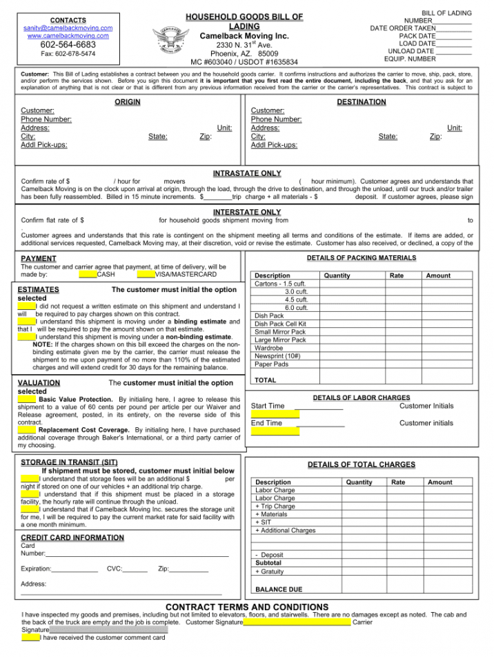 free moving company bill of lading template  fill out and sign printable pdf  template  signnow moving company contract template word