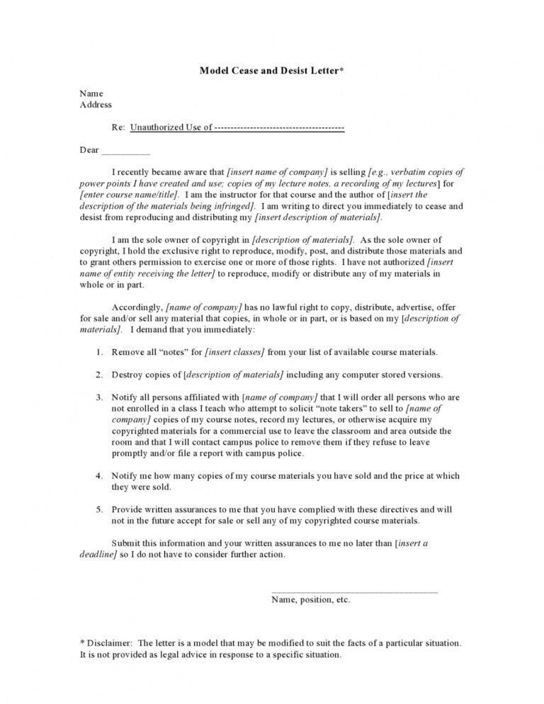 Printable Free Cease And Desist Letter Templates Templatearchive