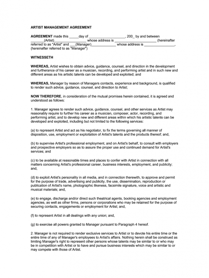 printable artist management contract 2020 pdf  fill online printable artist development contract template word