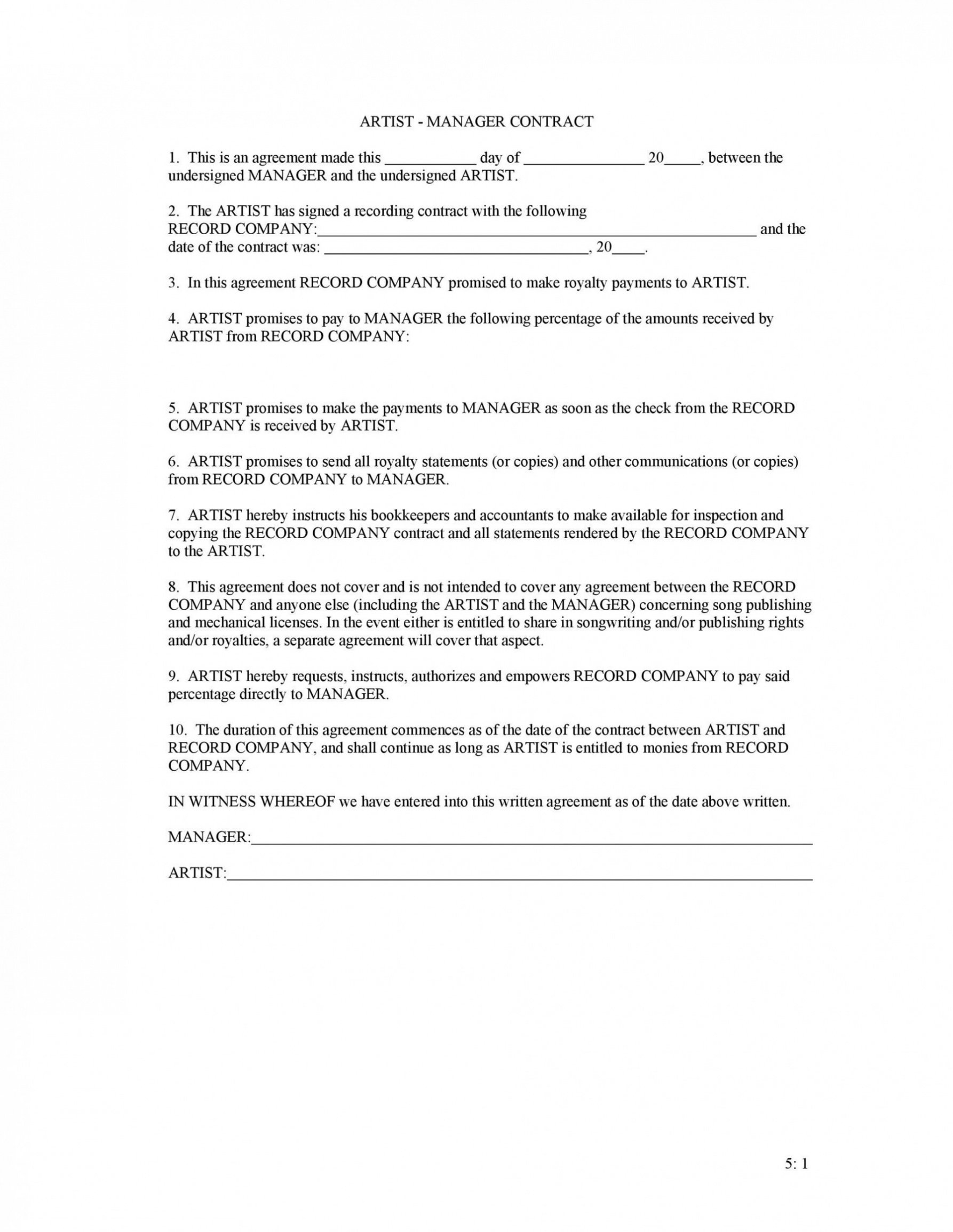 printable artist management contract template ~ addictionary artist development contract template pdf