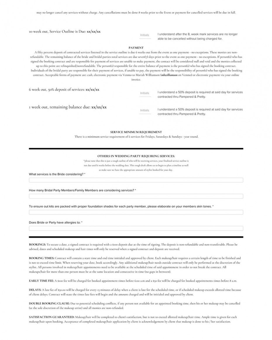 printable example contract — pampered &amp;amp; pretty  bridal hair and wedding hair stylist contract template doc