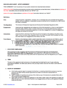 agency  artist contract uk use only performing artist contract template sample