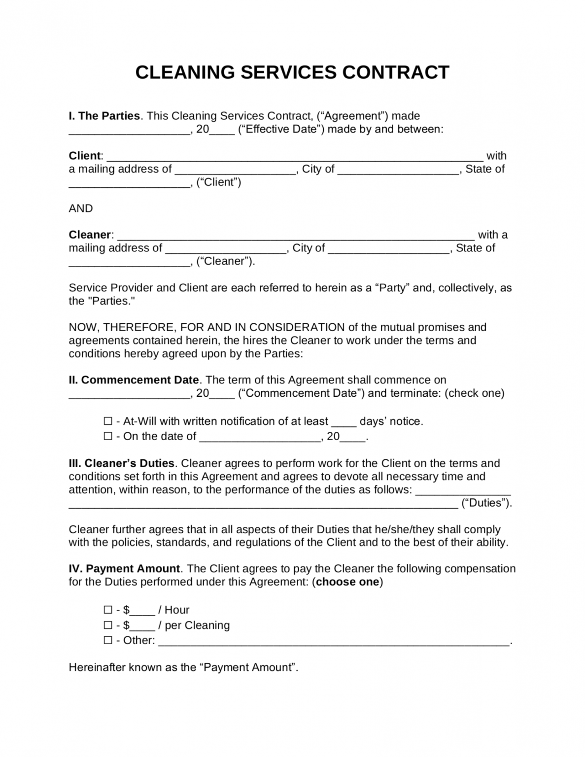Printable Cleaning Contract Template