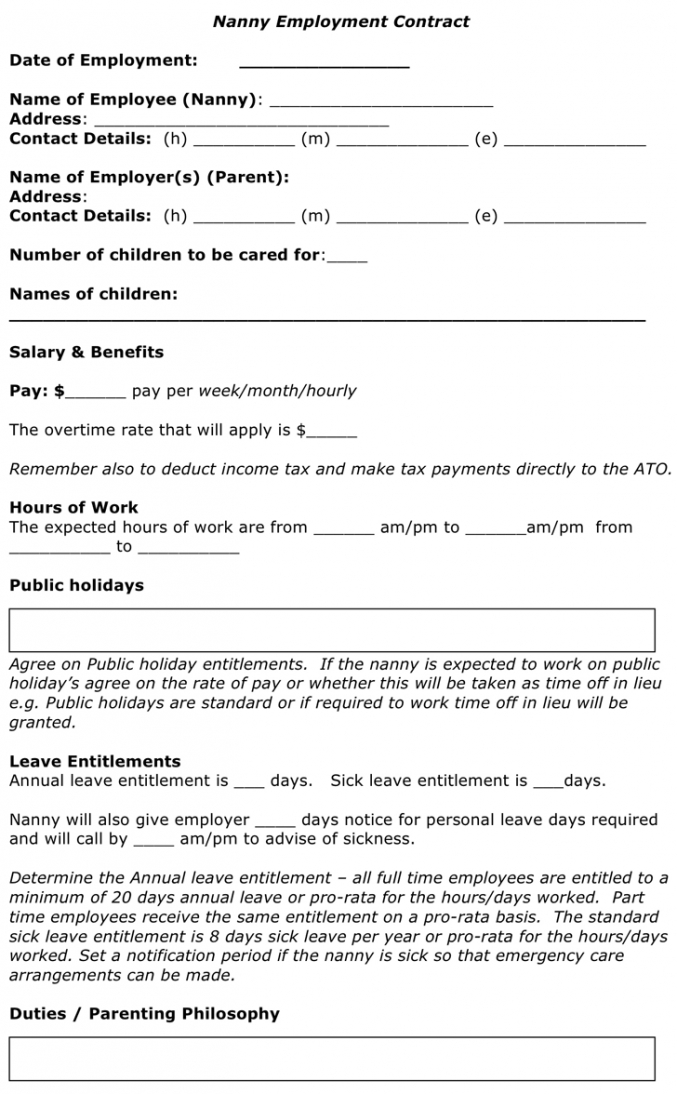 editable free nanny employment contract  doc  42kb  4 pages part time nanny contract template word