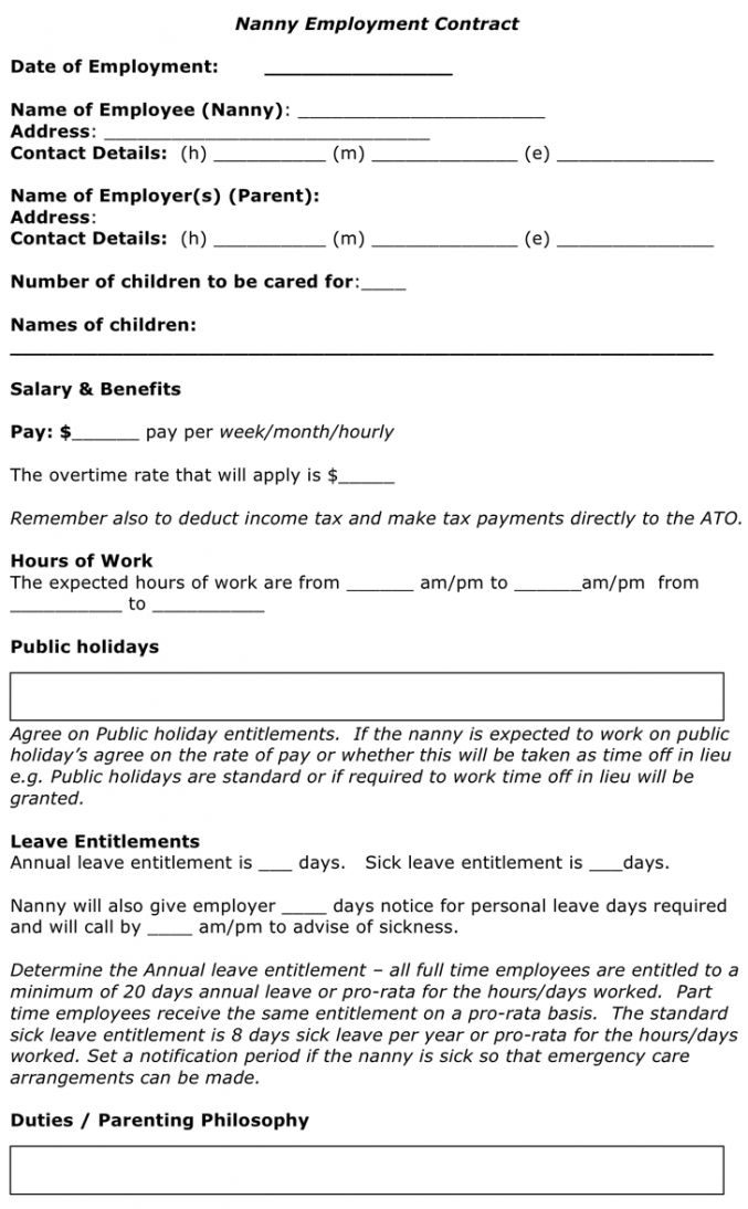 Part Time Nanny Contract Template