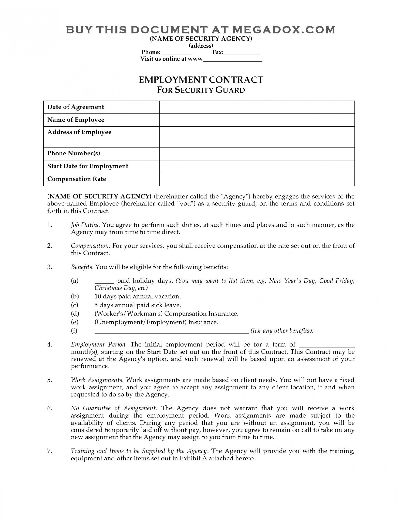 editable security guard employment contract security service contract template pdf