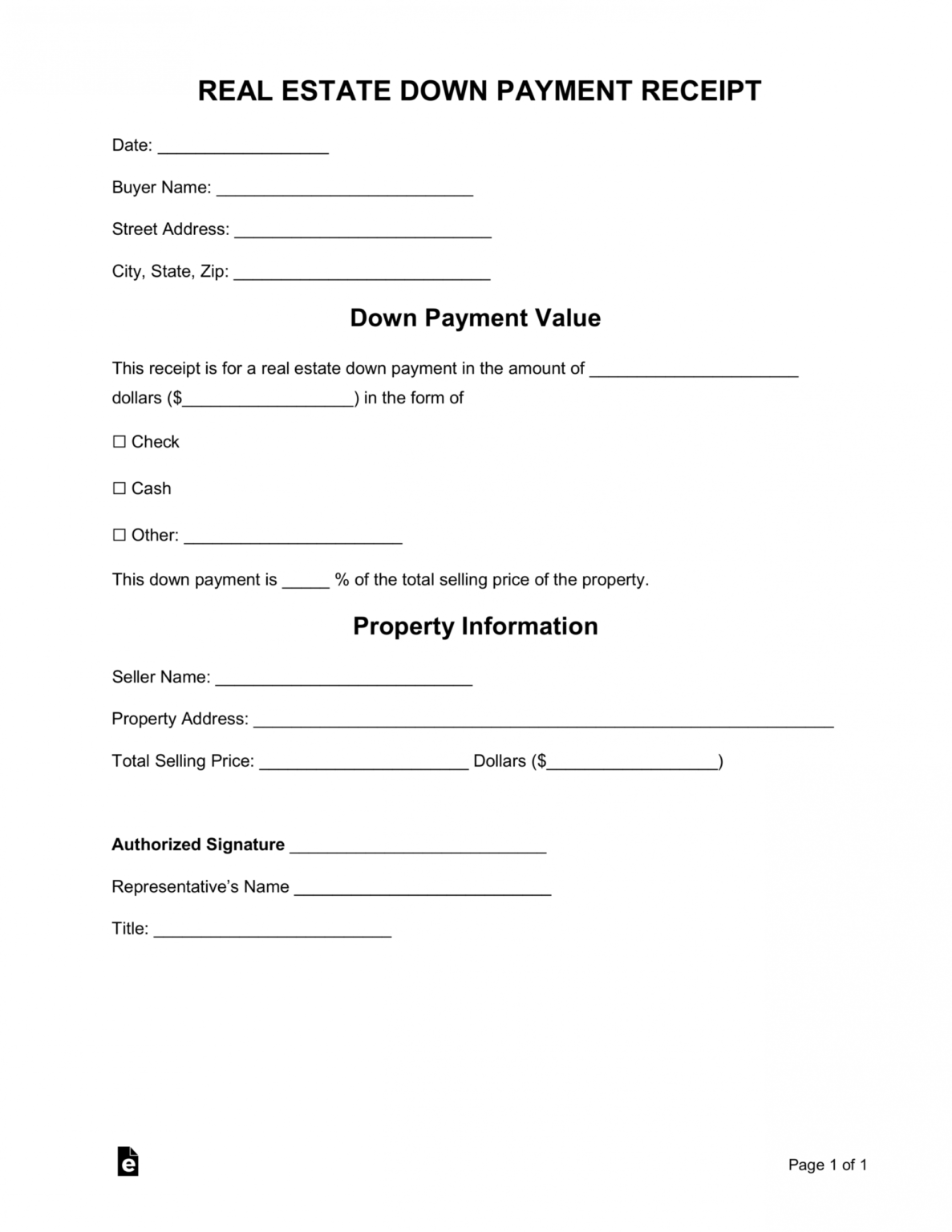 free real estate downpayment receipt word pdf eforms down