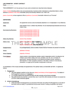 live promoter  artist contract performing artist contract template word