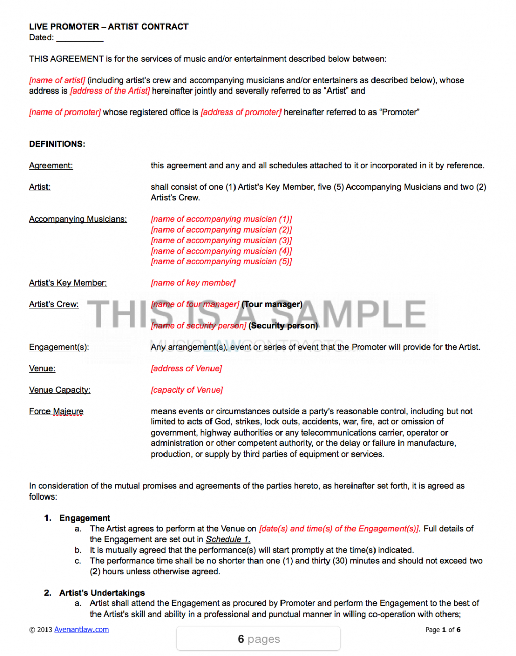 live promoter  artist contract performing artist contract template word