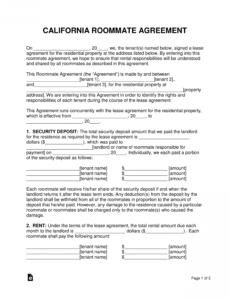 printable free california roommate room rental agreement  pdf rent a room contract template word