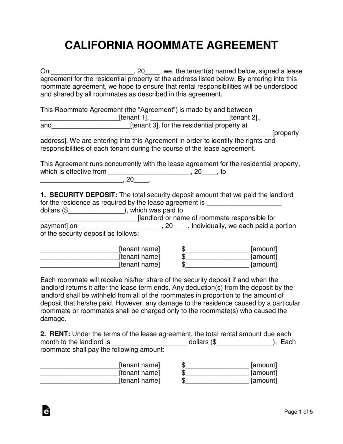 printable free california roommate room rental agreement