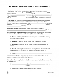 printable free roofing subcontractor agreement  pdf  word  eforms roofing contract agreement template excel