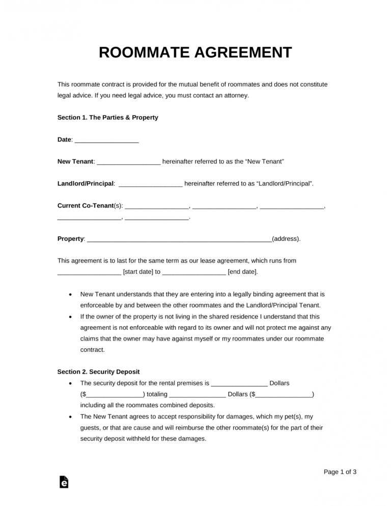 printable free roommate room rental agreement template pdf