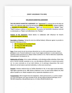 printable influencer &amp;amp; brand collaboration agreement for influencers blogger contract template pdf