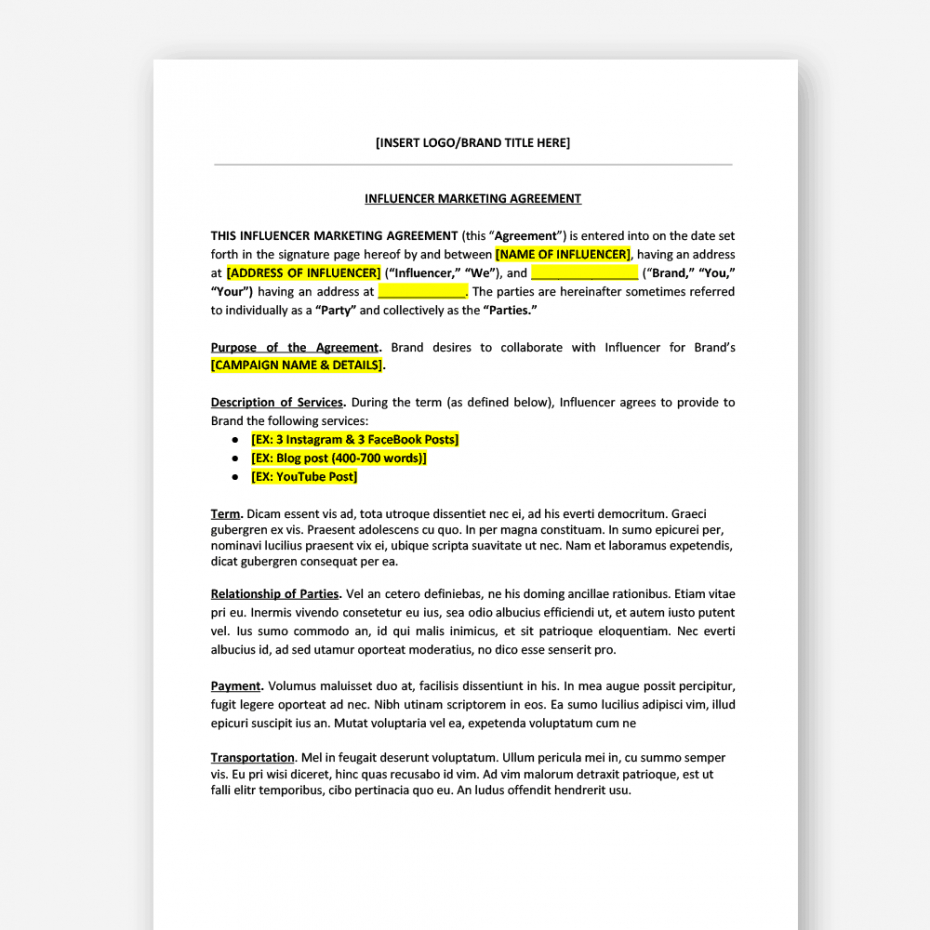 printable influencer &amp; brand collaboration agreement for influencers blogger contract template pdf