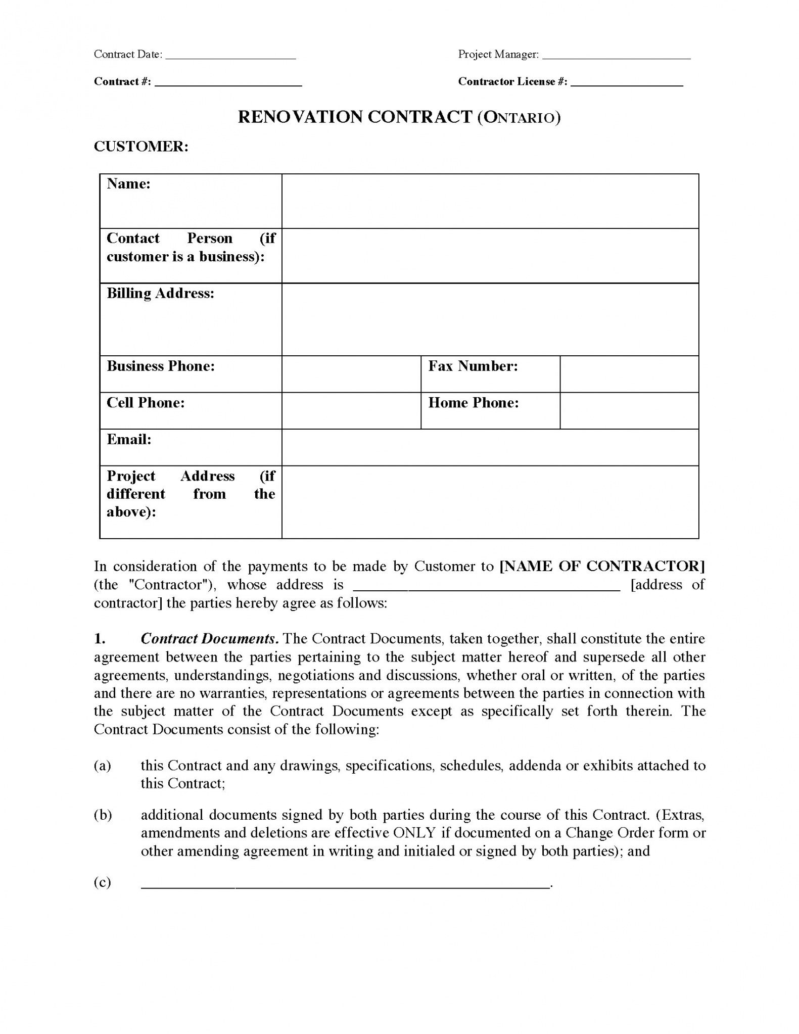 printable ontario renovation contract home renovation contract template word