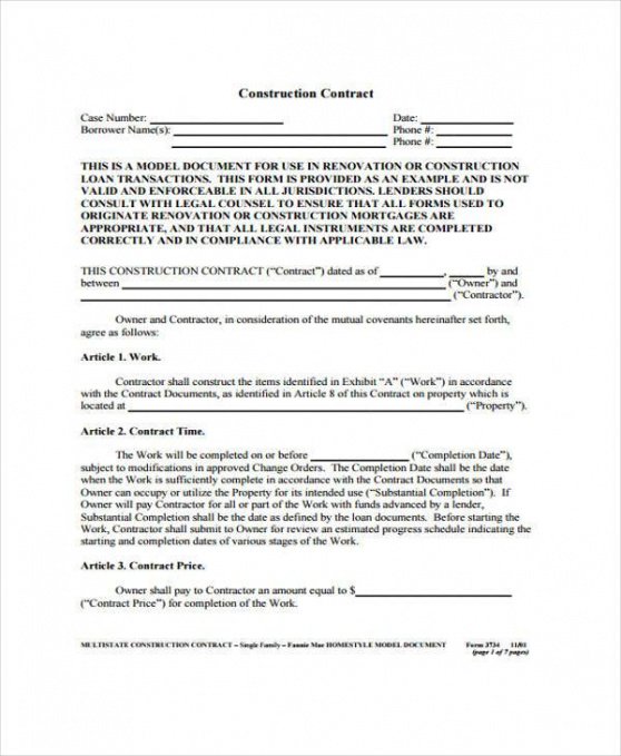 Free New Home Construction Contract Template Doc Sample