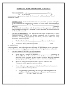 Printable New Home Construction Contract Template Excel Sample