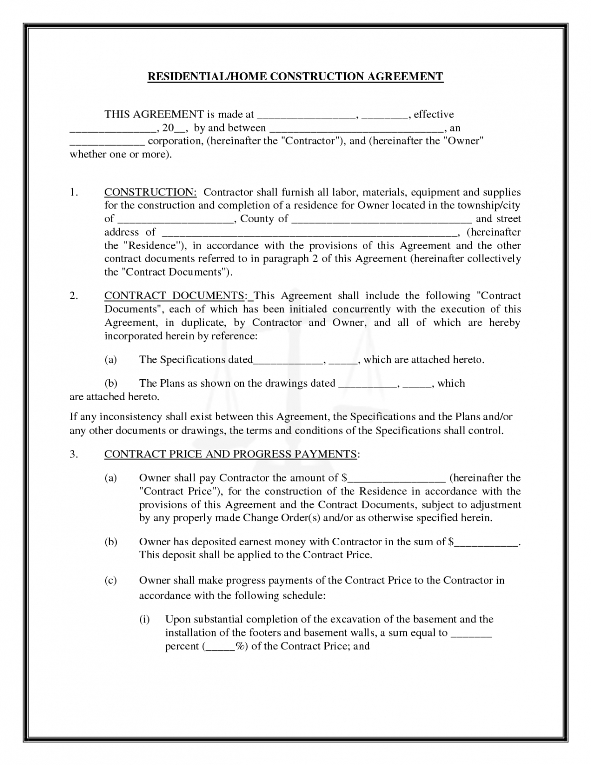 Printable New Home Construction Contract Template Excel Sample