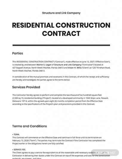 Professional New Home Construction Contract Template Pdf Example