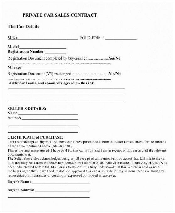 Free Contract Template For Selling A Car Privately  Example