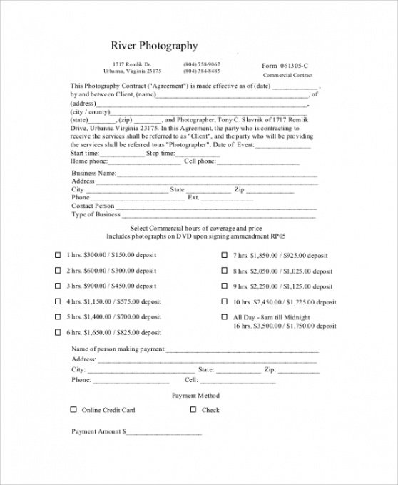 Professional Commercial Photography Contract Template Pdf Example