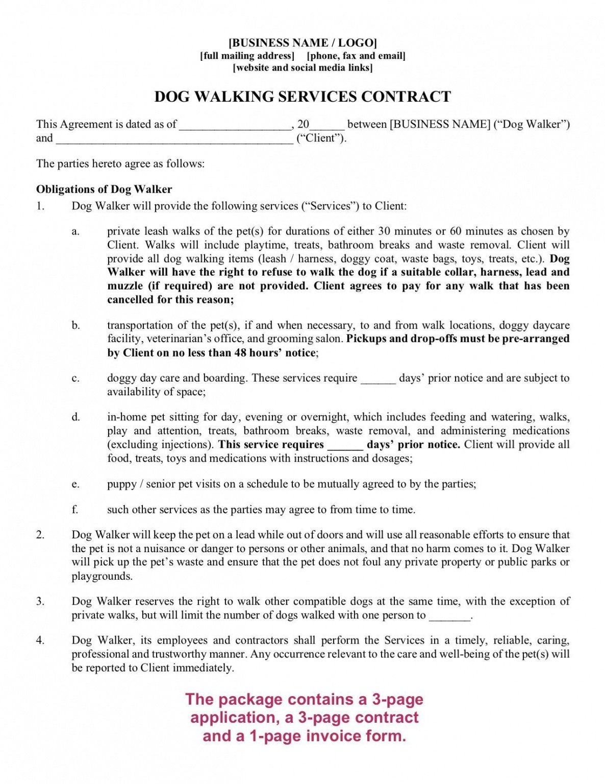 Dog Boarding Contract Template