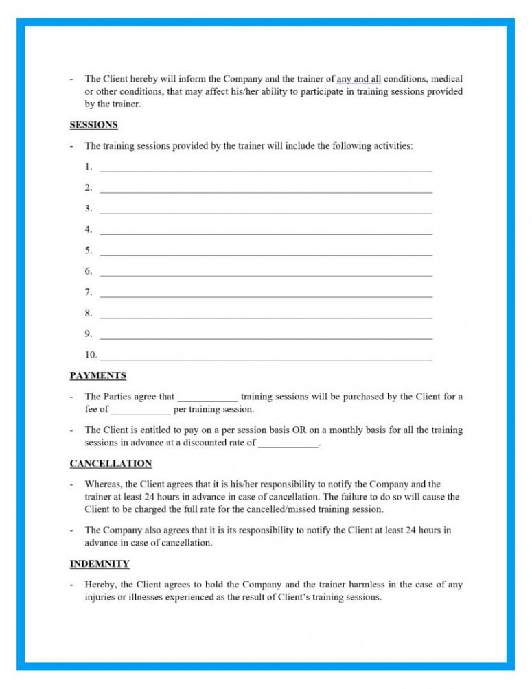 Costum Personal Training Contract Agreement Template Pdf