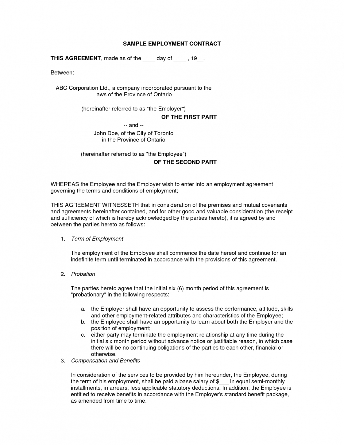 Costum Employer Contract Template Excel Sample