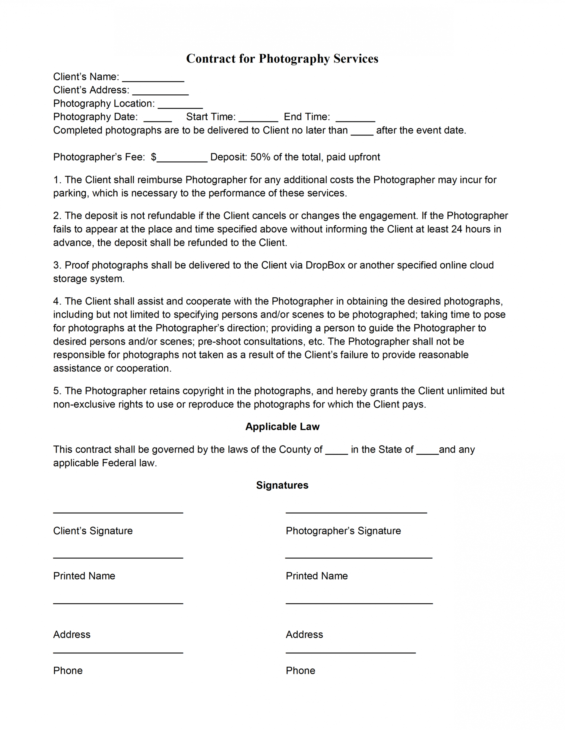 Free Simple Photography Contract Template Doc