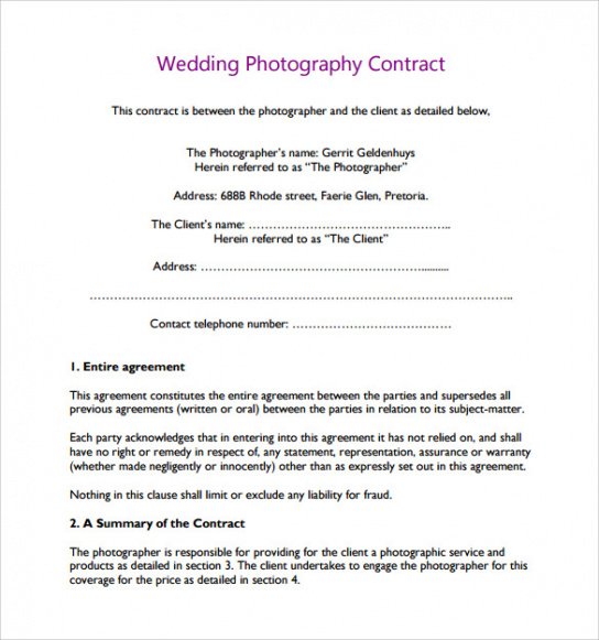 Simple Photography Contract Template Pdf