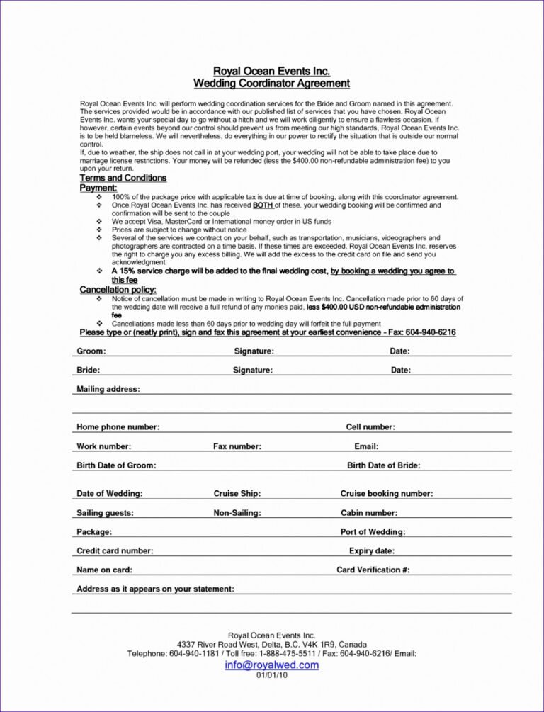 Best Day Of Wedding Coordinator Contract Template Excel Sample 