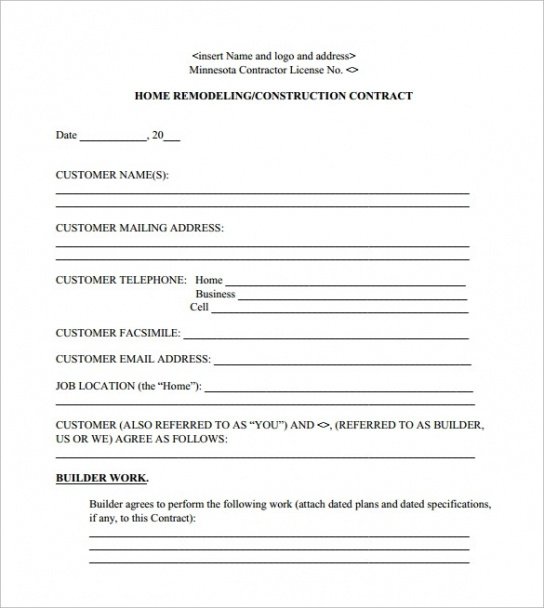 Costum Construction Remodeling Contract Template Doc