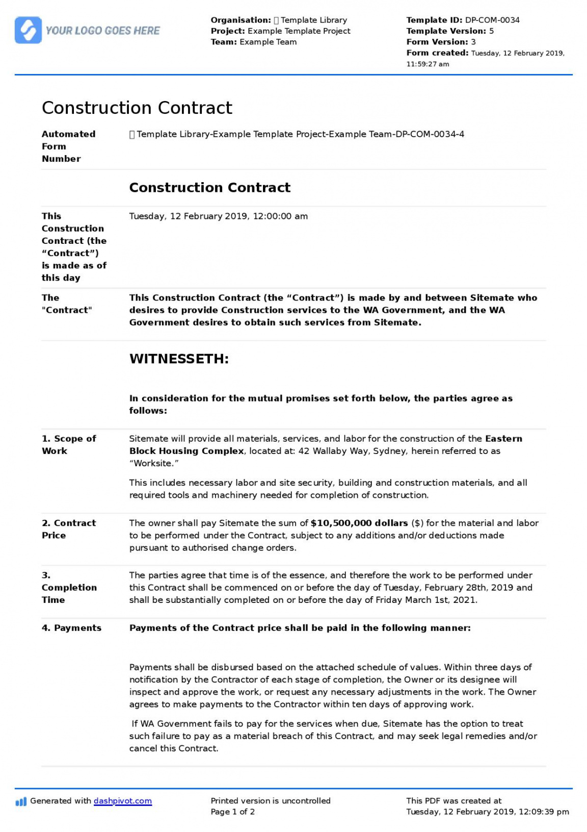 Editable Simple Construction Contract Template Excel Sample