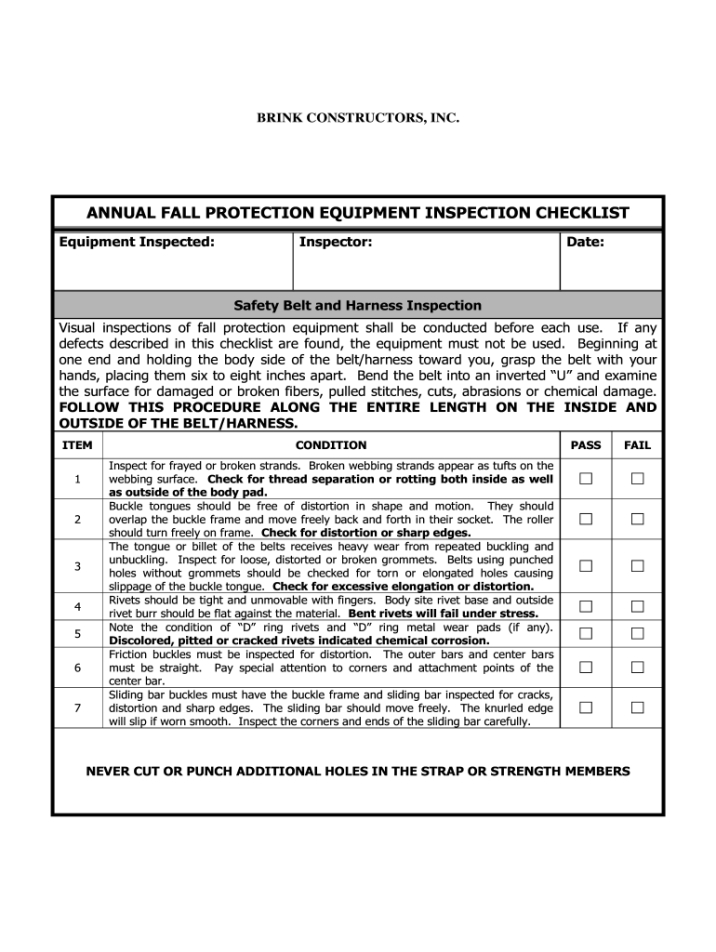 Editable Safety Harness Inspection Register Template Excel