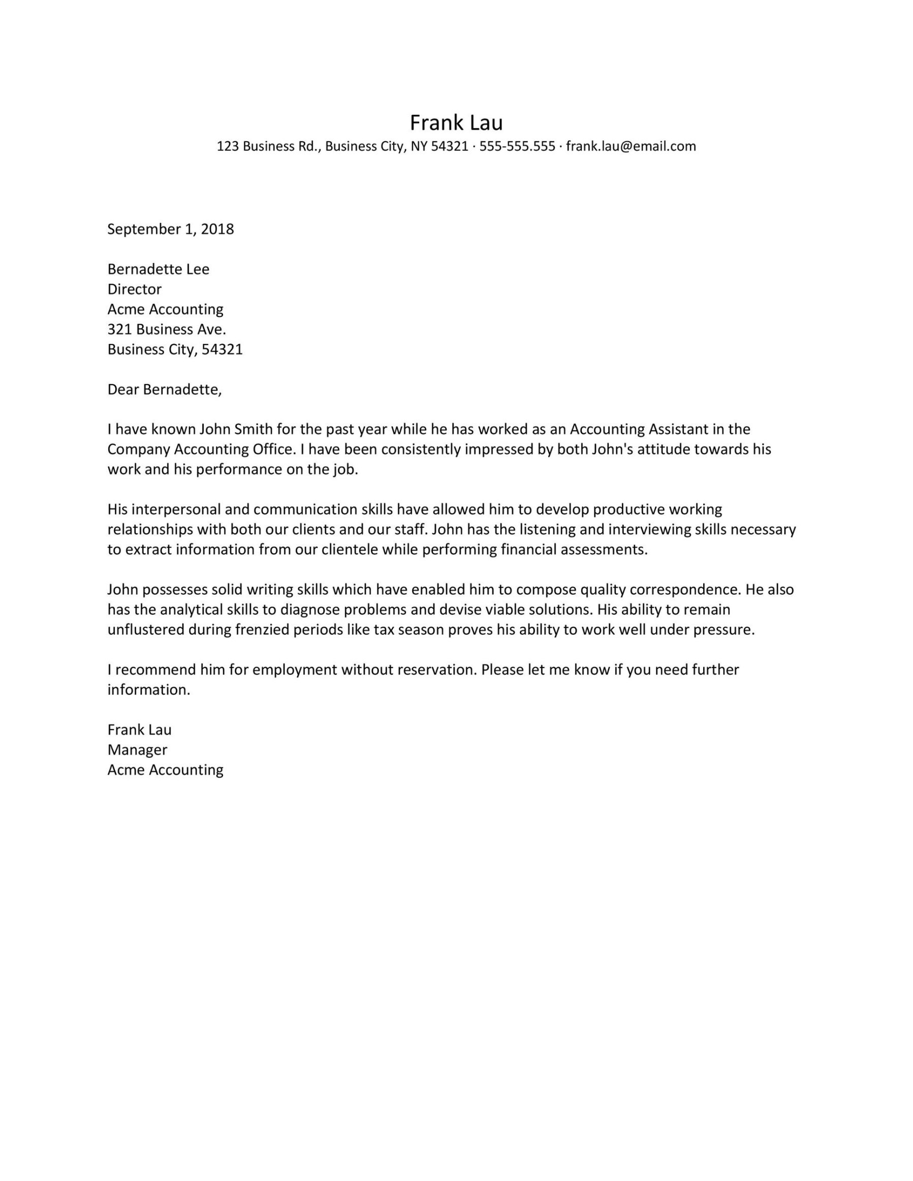 Free Recommendation Letter General Template Doc Sample