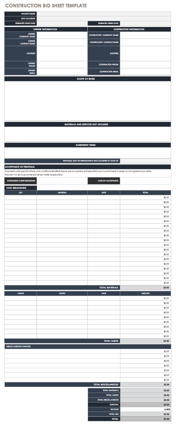 Printable General Contractor Construction Bid Template Excel