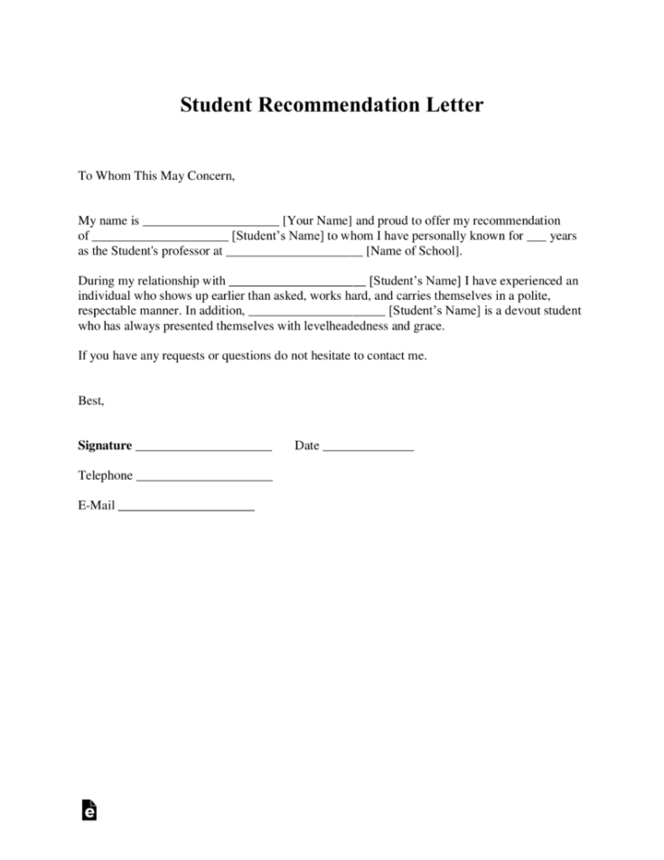 Printable General Letter Of Recommendation Template