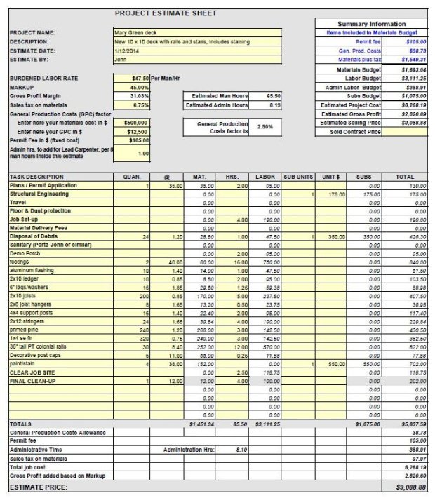 Professional General Contractor Bid Sheet Template Excel Sample