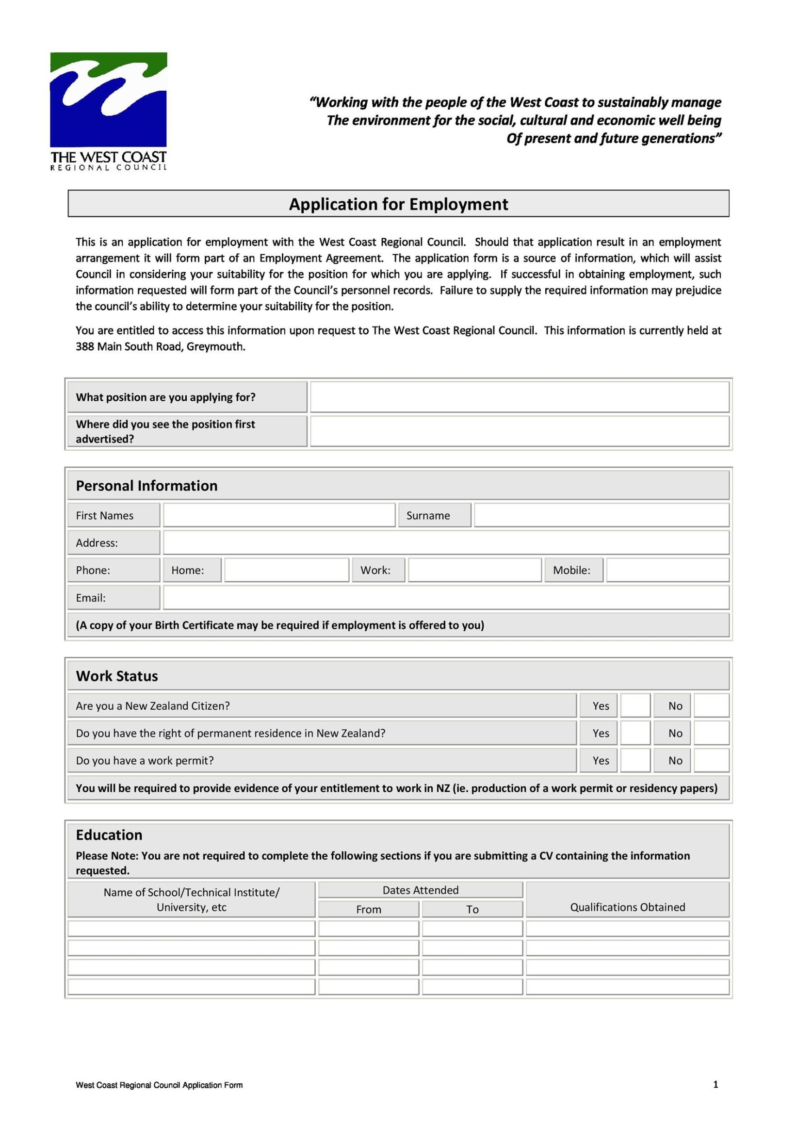 Professional General Job Application Template Excel Example