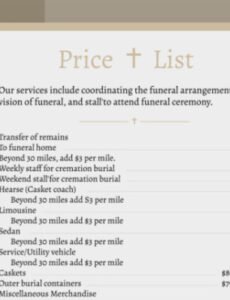 Costum Funeral Home General Price List Template Excel