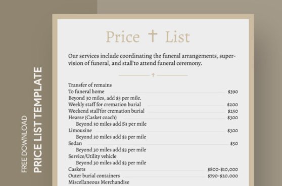 Costum Funeral Home General Price List Template Excel