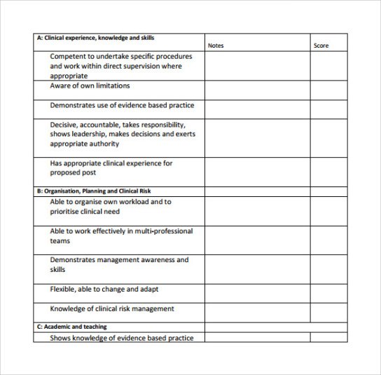 Editable Interview Rating Scale 1-5 Template