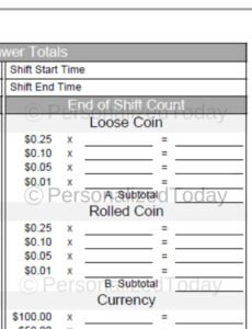 Printable Cash Register Till Balance Shift Sheet In Out Template Word