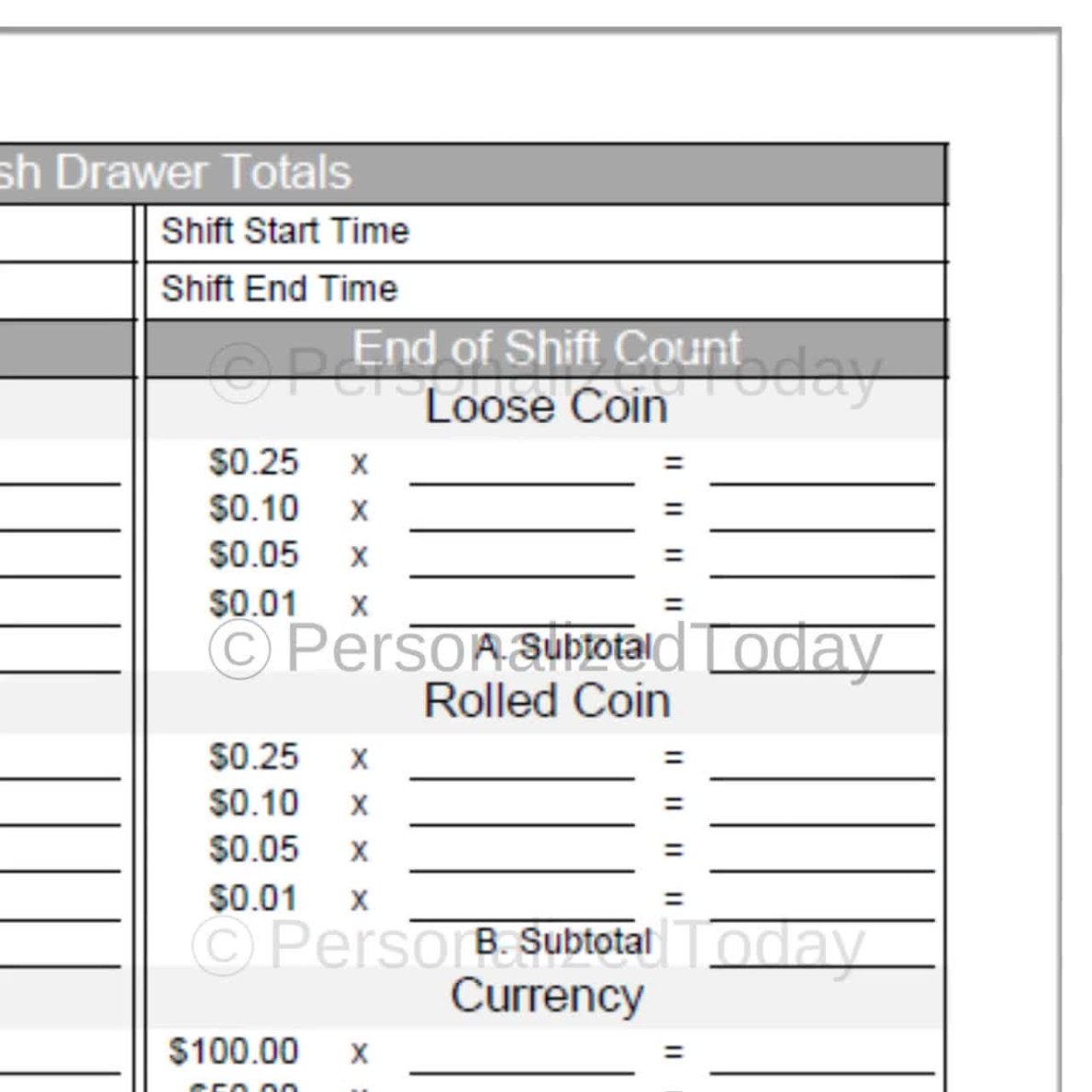 Printable Cash Register Till Balance Shift Sheet In Out Template Word