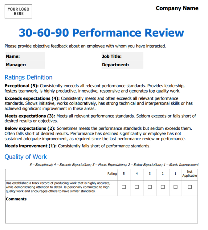 Free 30 Day Performance Review Template  Example