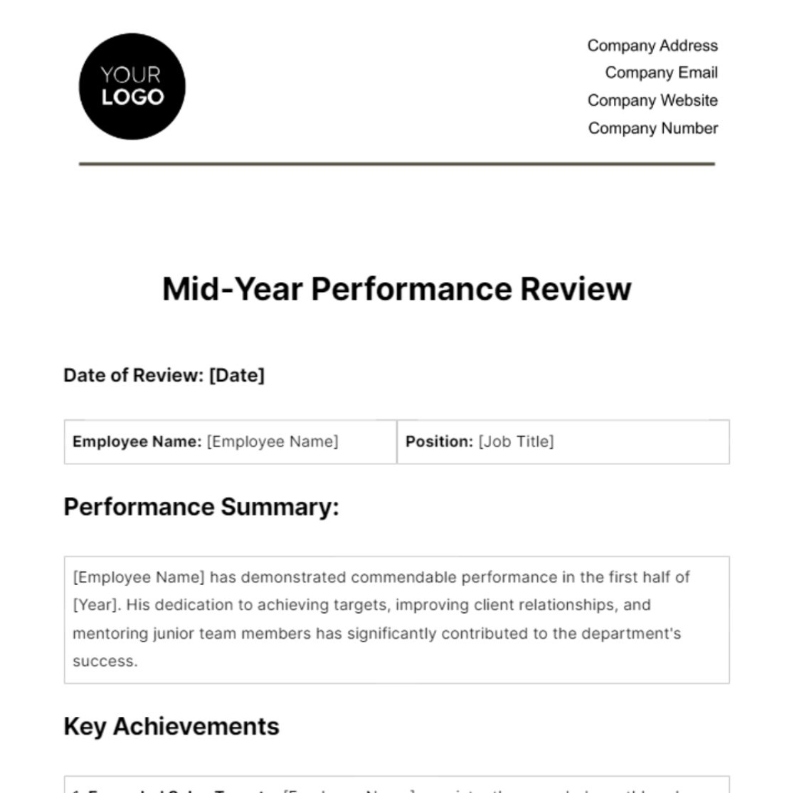 Free Mid Year Performance Review Template Doc Example