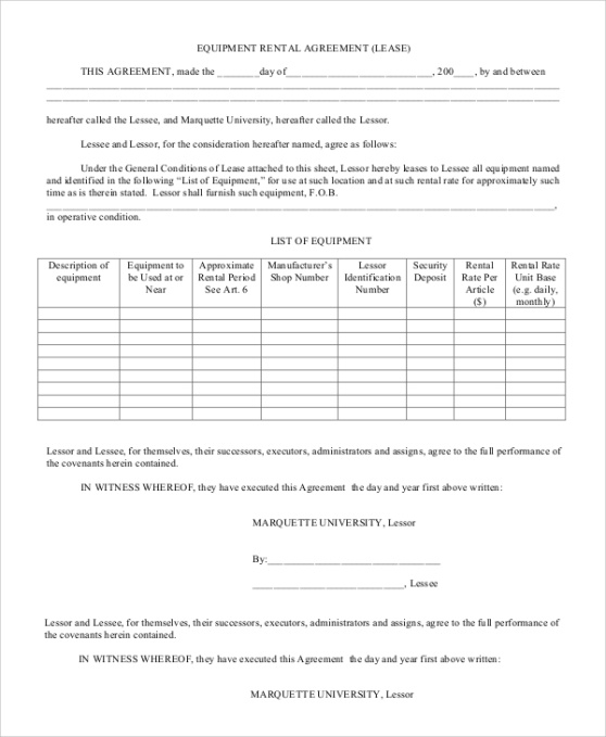 Best Equipment Rental Agreement Contract Template Excel Sample